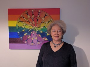 Ruth Lieberherr with painting Rainbow Spiral 3-2017